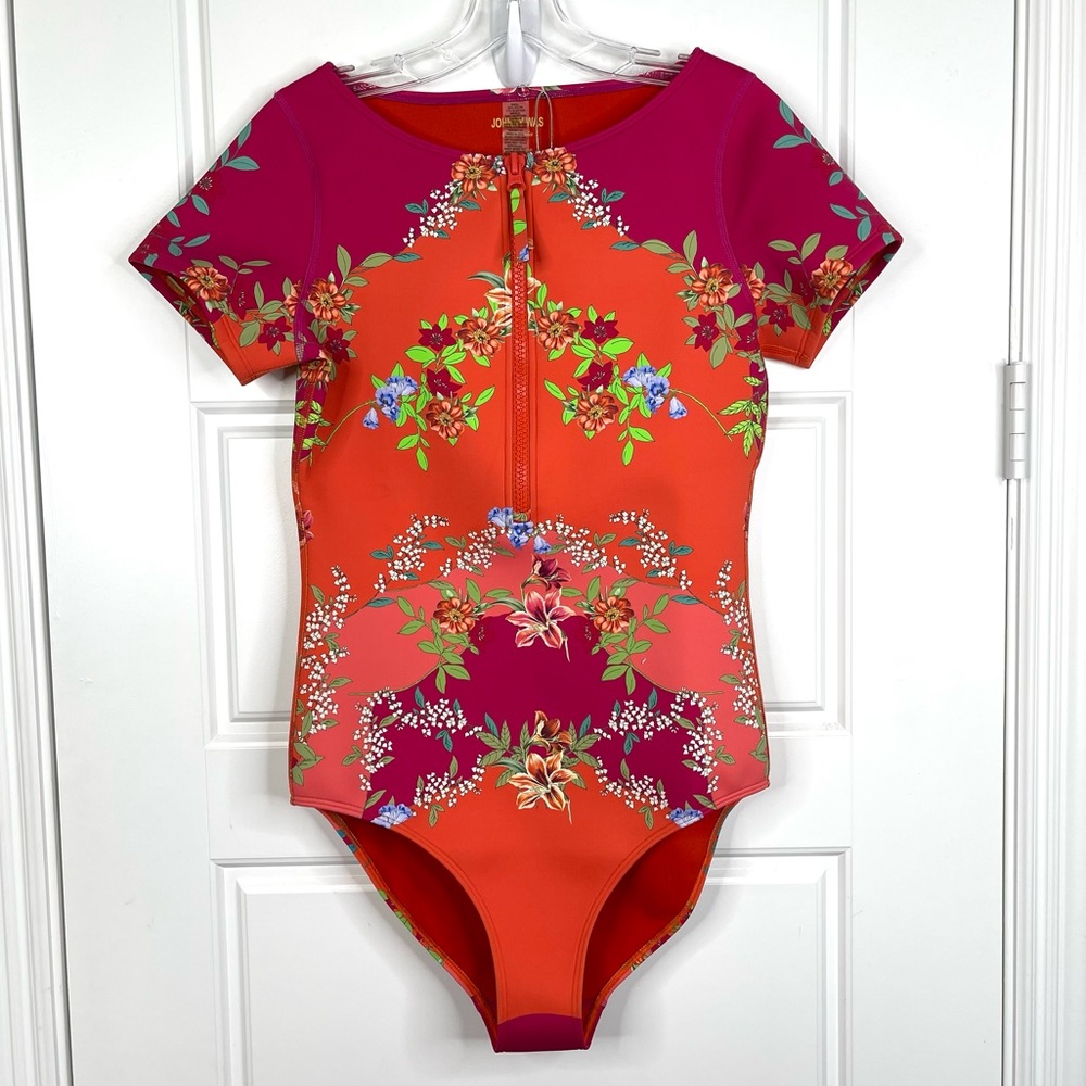 JOHNNY WAS Wave Surf Neoprene One Piece Swimsuit NEW Pink Orange Floral Size M